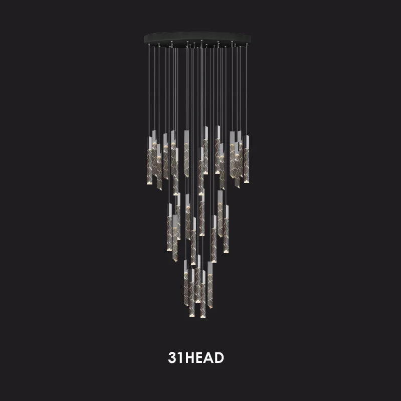Modern crystal chandelier with 31 chrome and glass pendants at varied lengths from black mount.