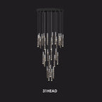 Modern crystal chandelier with 31 chrome and glass pendants at varied lengths from black mount.