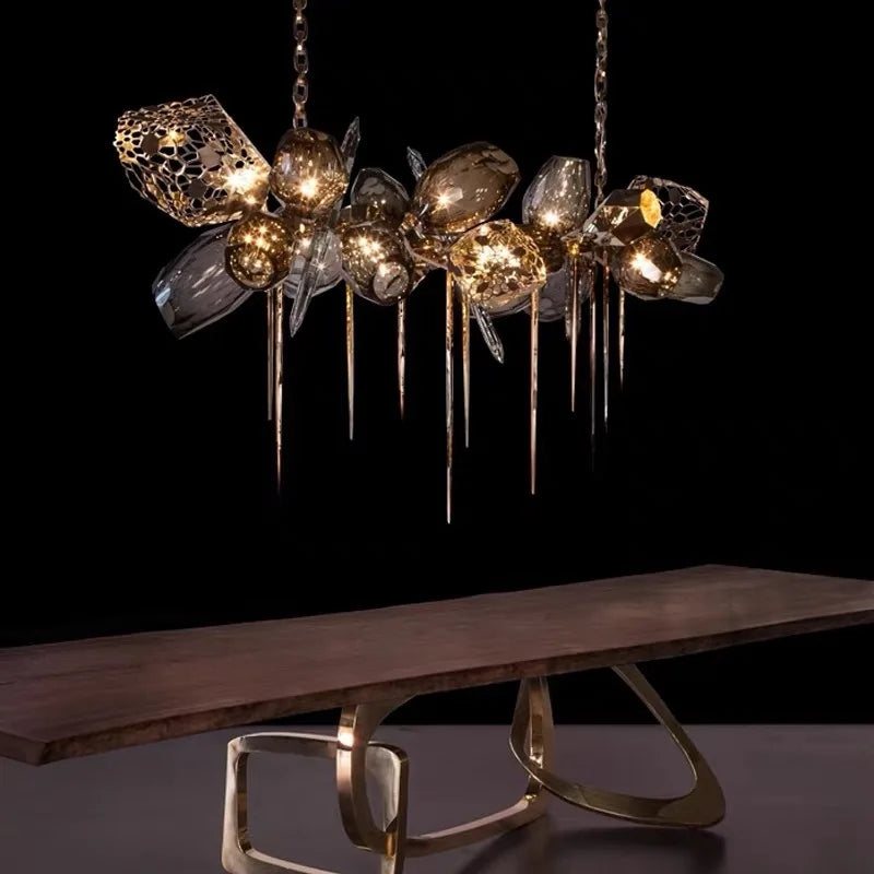 Maison Ornate Modern Nordic Crystal Glass Bedroom Chandelier with geometric gold and crystal elements, elegant overhead lighting fixture.