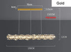 Gold rectangular dimmable LED crystal chandelier with illuminated rings, adjustable wires, and sleek mounting plate.