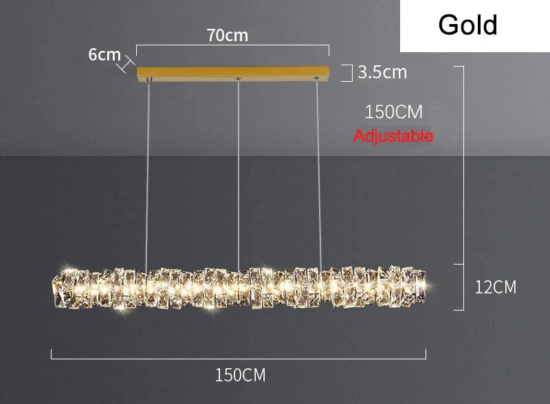 Gold rectangular dimmable LED crystal chandelier with illuminated rings, adjustable wires, and sleek mounting plate.