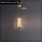 Gold chandelier with textured K9 crystal shade, built-in 9W LED, and adjustable suspension cord.