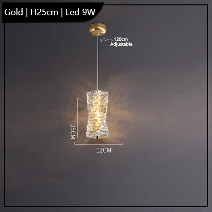 Gold chandelier with textured K9 crystal shade, built-in 9W LED, and adjustable suspension cord.