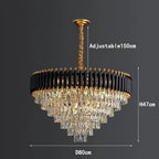 Gold and black LED chandelier with five K9 crystal tiers, 80 cm wide, adjustable height.