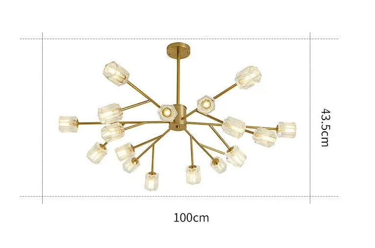 Modern Nordic chandelier with 15 gold arms and glass shades, 100 cm wide, elegant crystal design.