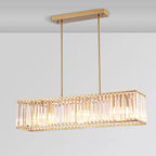 Rectangular LED crystal chandelier with gold frame, vertical prisms, two rods, and elegant warm glow.