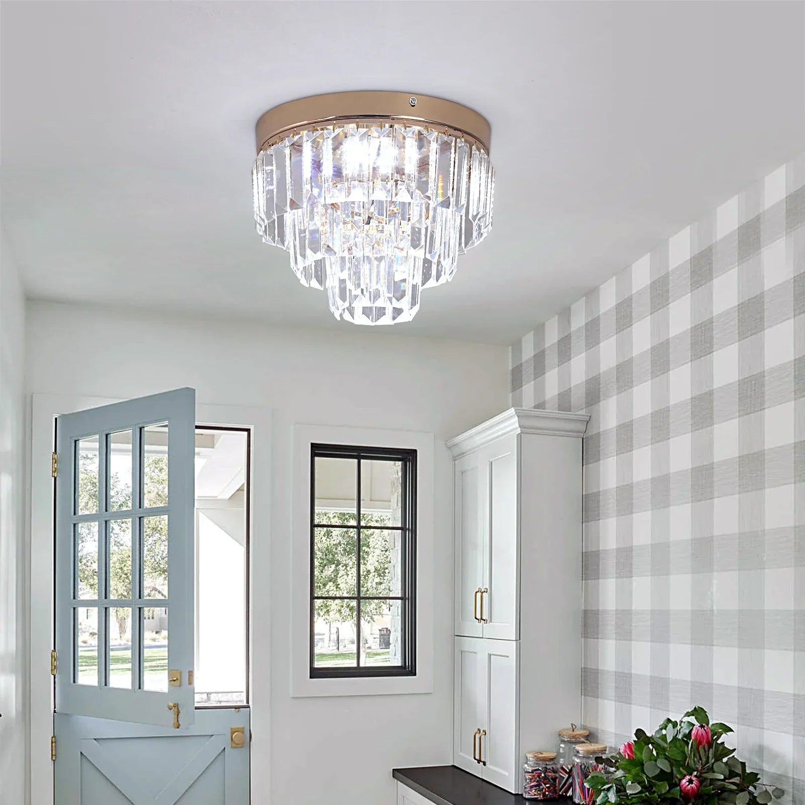 Maison Ornate Modern K9 Crystal Dining Room Chandelier with LED, sleek crystal accents, modern design.