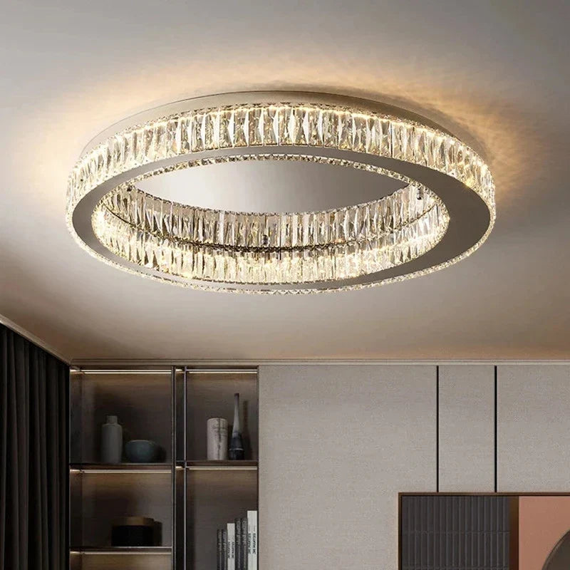 Maison Ornate Golden Postmodern Crystal Chandelier with two rings, sparkling shades, and warm light.