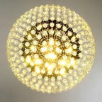 Maison Ornate Modern Spherical Chandelier features radiant crystal beads and glowing LED bulbs in starburst design.