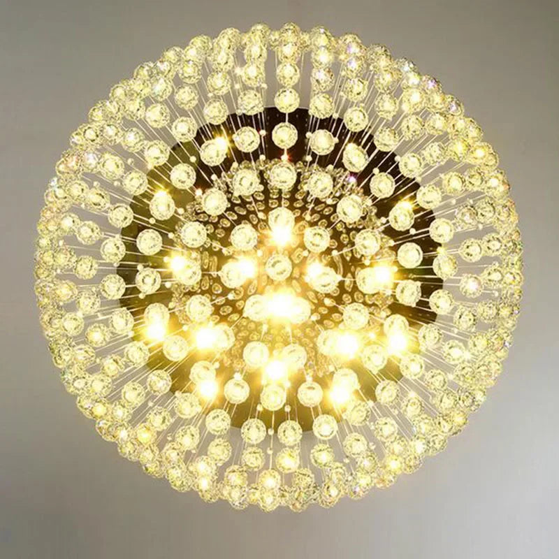 Maison Ornate Modern Spherical Chandelier features radiant crystal beads and glowing LED bulbs in starburst design.