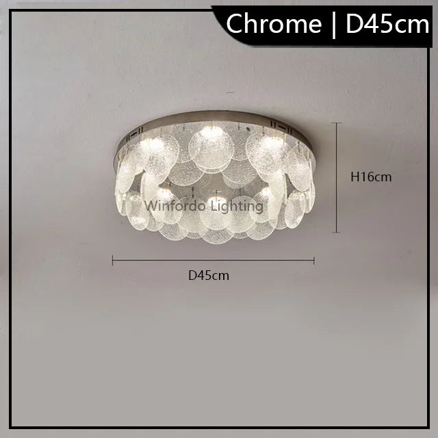 Postmodern chrome chandelier with translucent circular glass panels, Maison Ornate label, D45cm x H16cm.