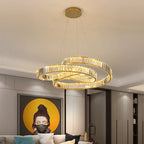 Maison Ornate Nordic Minimalist LED Crystal Industrial Chandelier in gold and crystal, elegantly suspended overhead.