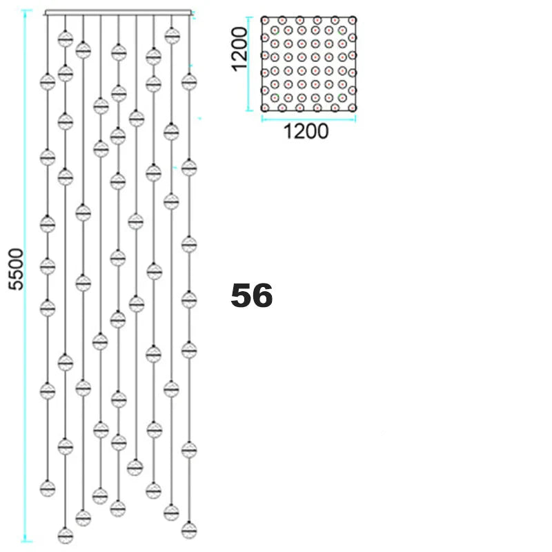 Ornate crystal sphere chandelier with 56 spheres, 5500 mm tall, 1200 mm wide, LED lighting.