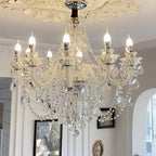 Maison Ornate Large Crystal Chandelier with eight candle-style bulbs and sparkling crystals, LED compatible.