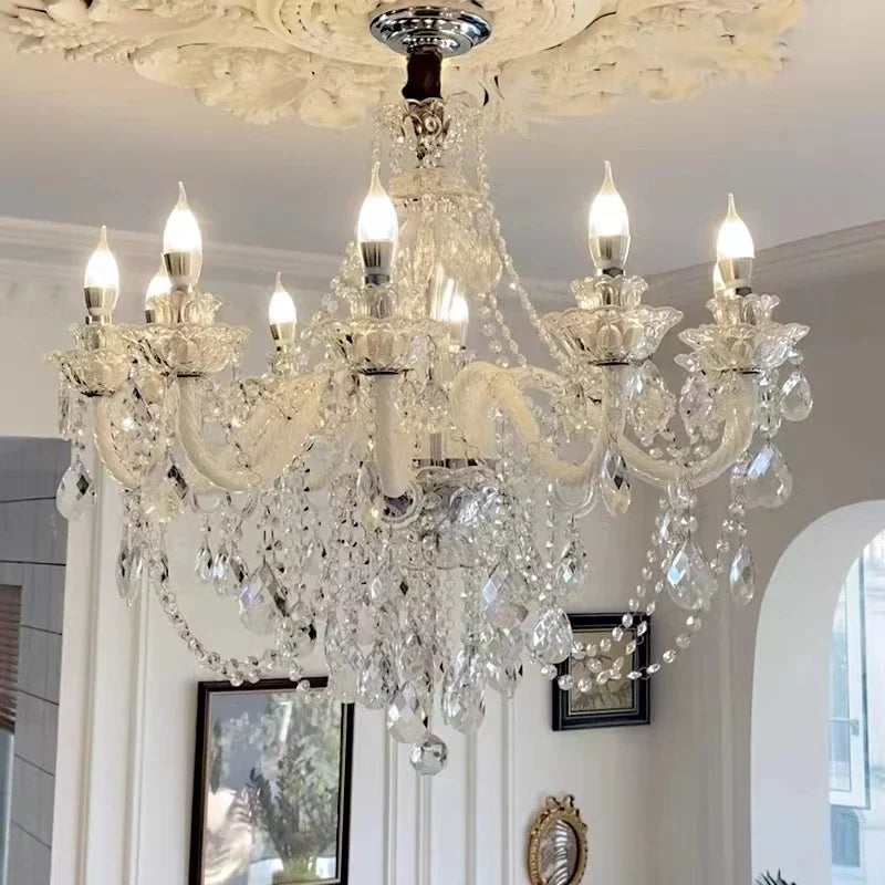 Maison Ornate Large Crystal Chandelier with eight candle-style bulbs and sparkling crystals, LED compatible.