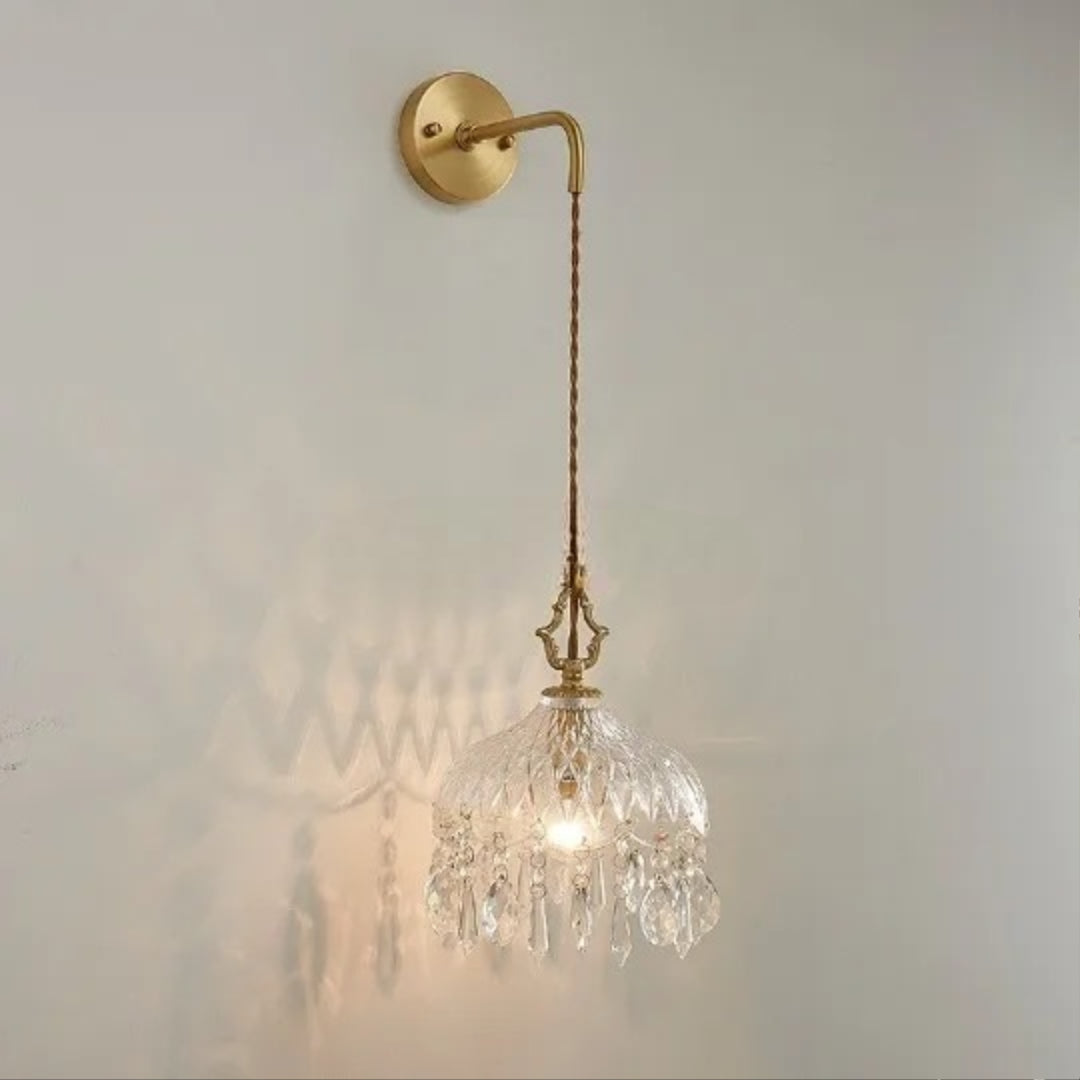 Maison Ornate Nordic Vintage chandelier with crystal accents and brass, detailed glass shade, elegant design.