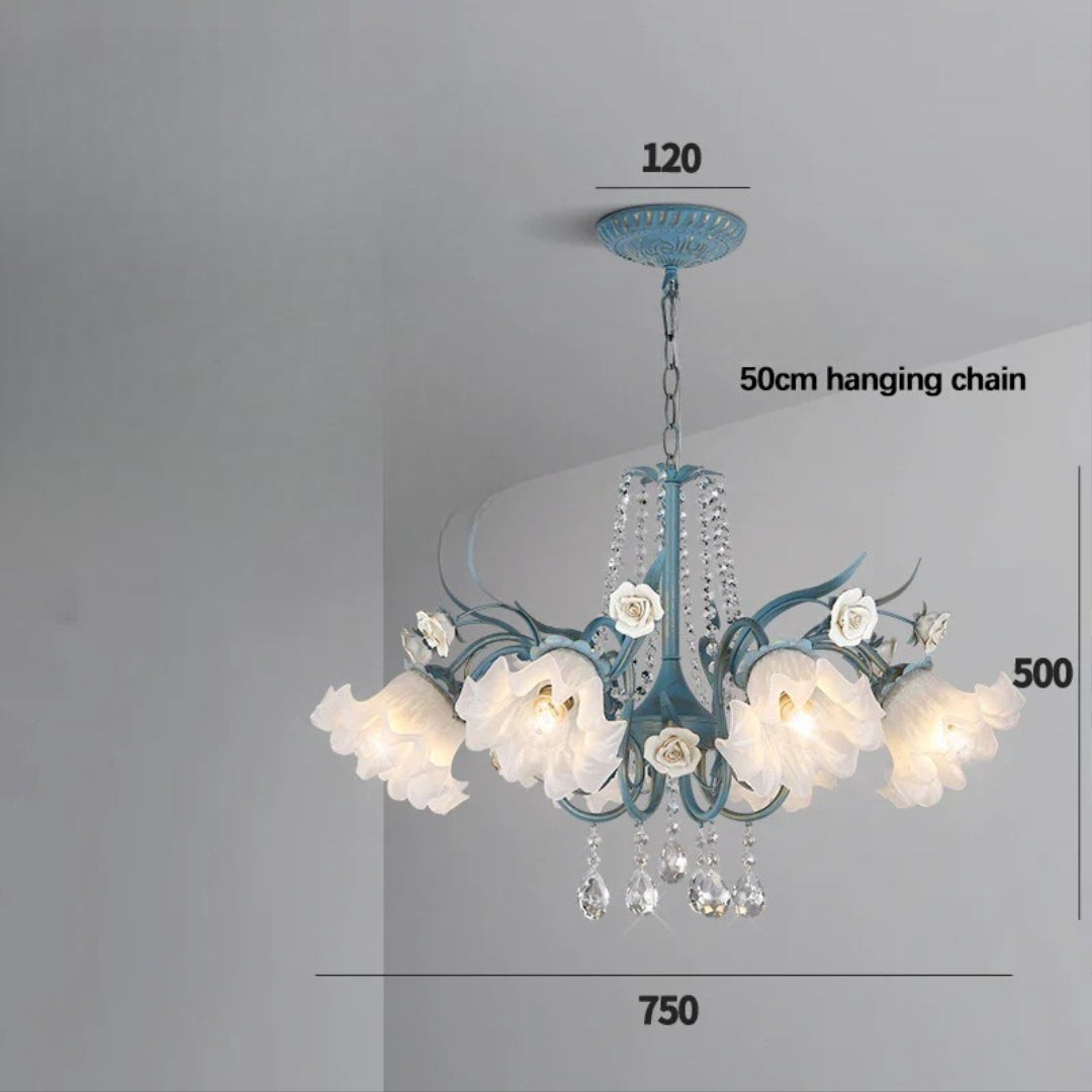 Art Deco Crystal Chandelier with Pastoral Glass Flowers