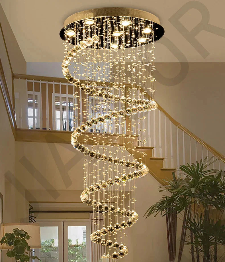 Maison Ornate Duplex Spiral Crystal Pendant Light with cascading crystals and elegant modern design.