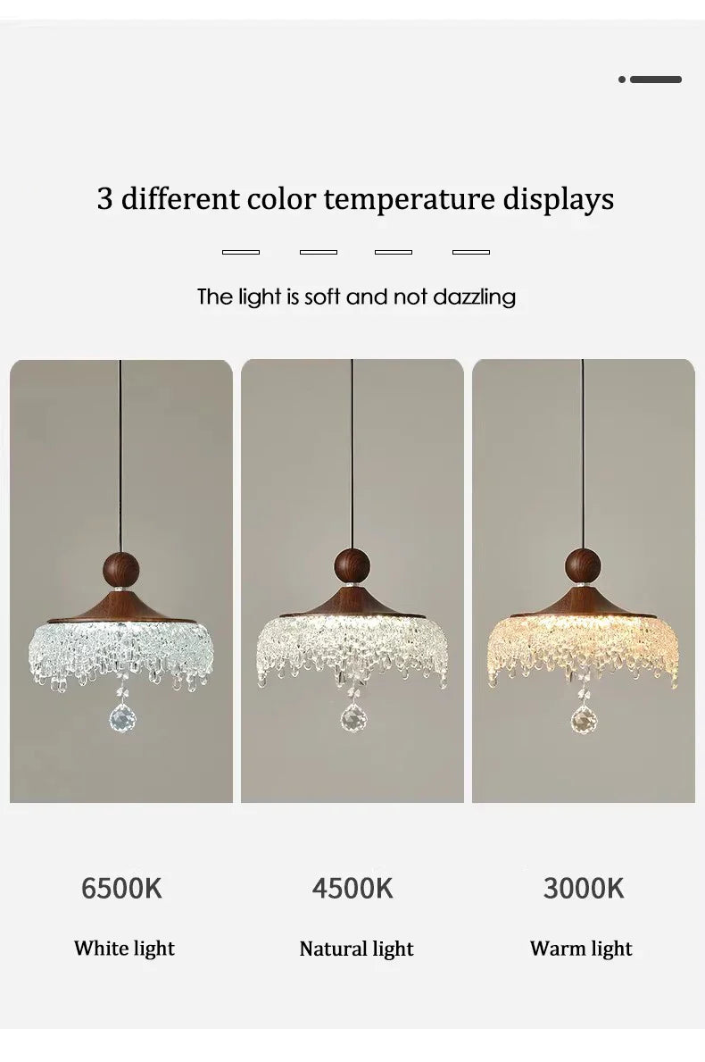 Three Maison ornate French medieval crystal teardrop chandeliers shown in three color temperatures.