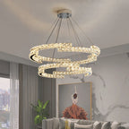 Maison Ornate Crystal Chandelier with stainless steel LED, two interlocking illuminated rings. Elegant lighting fixture.