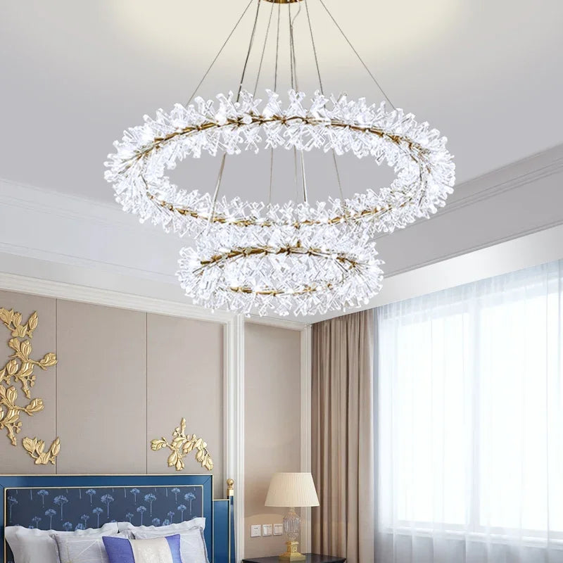 Maison Ornate's Luxury Crystal Industrial Chandelier with LED rings, gold and white accents.