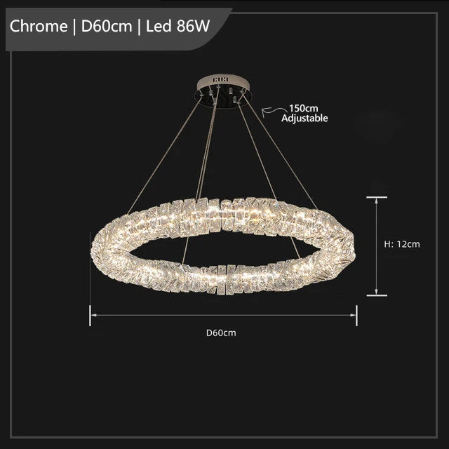 Modern circular chrome chandelier with K9 crystals, LED lighting, 60cm diameter, 12cm height.