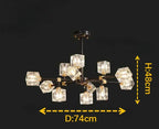 Modern crystal chandelier with ten cube-shaped glass LED lights on sleek black and gold frame.