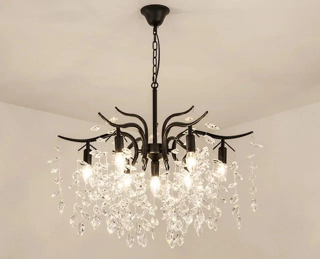 Maison Ornate Nordic Vintage Crystal LED Chandelier with black curved arms, crystal accents, and exposed bulbs.