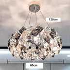 Diamond-glass stainless steel LED chandelier, 120 cm drop, 60 cm wide, three-wire suspension.