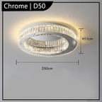 Postmodern chandelier with two golden concentric crystal rings, 50 cm diameter, 11 cm height.