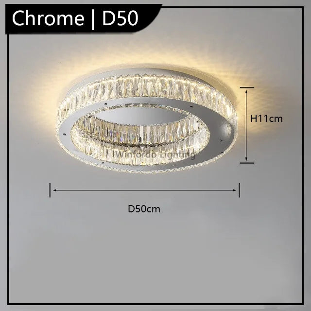 Postmodern chandelier with two golden concentric crystal rings, 50 cm diameter, 11 cm height.