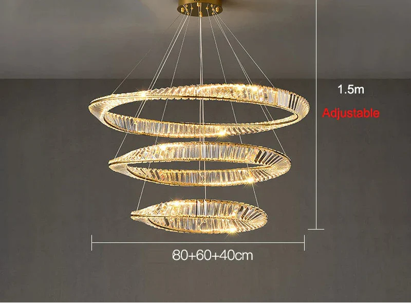 Maison Ornate Industrial LED chandelier with three gold spiral rings, adjustable length, modern crystal design.