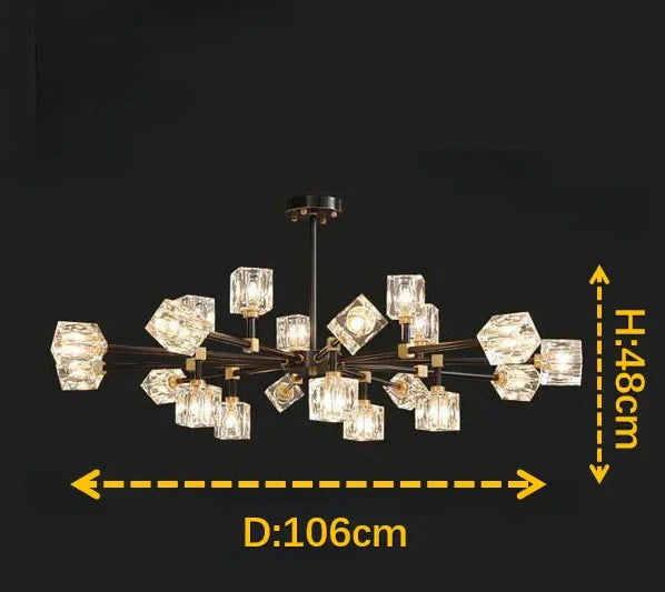 Maison Ornate crystal chandelier with black-gold branches, LED lighting, adjustable shape, 106x48 cm.