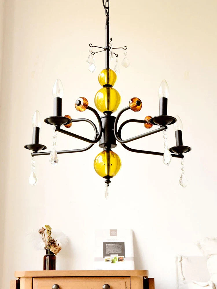 Maison Ornate Vintage Crystal Chandelier with yellow-orange glass accents and LED lighting for interiors.