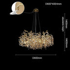 Elegant contemporary crystal chandelier with gold accents, LED remote, adjustable cables; details shown in inset.