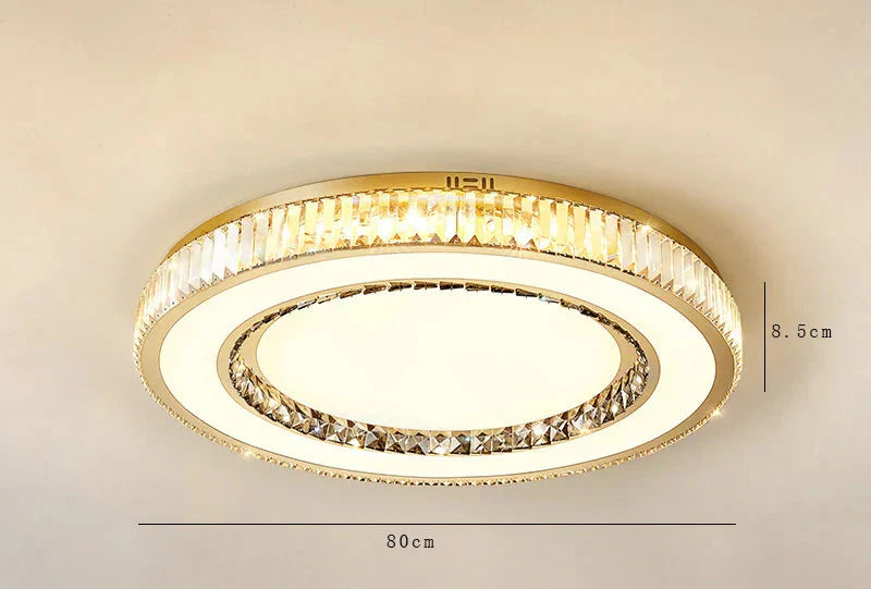 Circular gold-accented chandelier with crystal detailing, LED lights, 80 cm diameter, 8.5 cm height.
