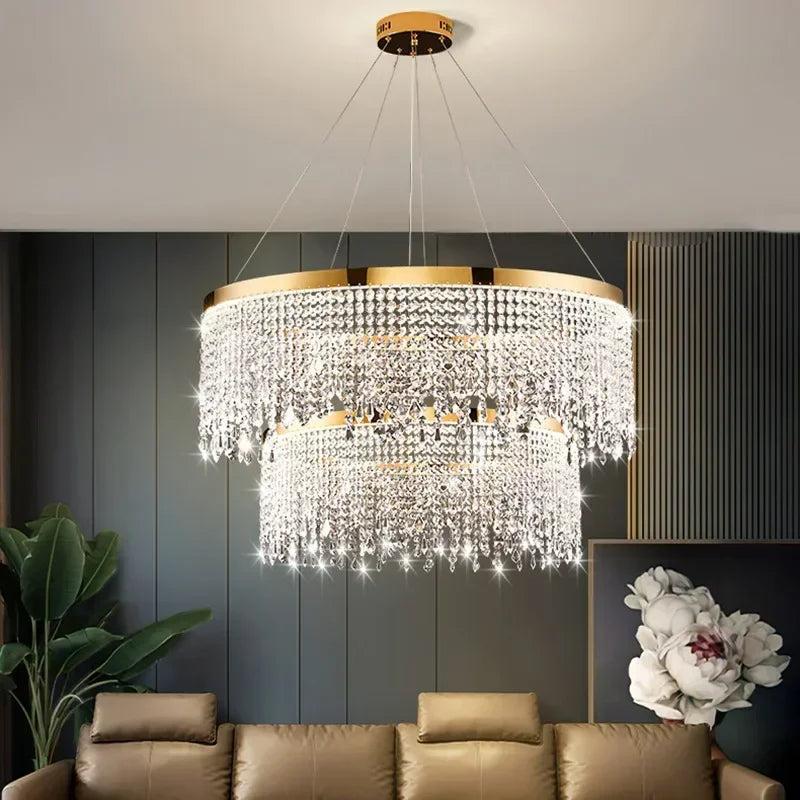 Maison Ornate Modern Crystal Chandelier with nickel frame and elegant pendants showcased in detail.