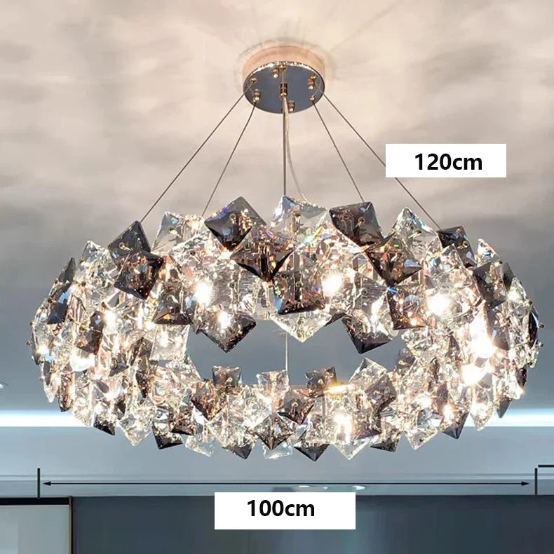 Elegant stainless steel crystal LED chandelier with sparkling square crystals, 100 cm diameter, adjustable suspension.