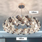 Elegant stainless steel crystal LED chandelier with sparkling square crystals, 100 cm diameter, adjustable suspension.