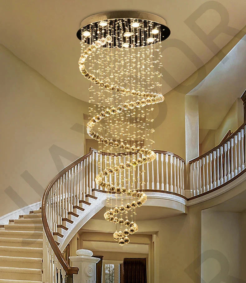 Maison Ornate Duplex Spiral Crystal Pendant Light with cascading spiral design, elegant chandelier for salons and villas.