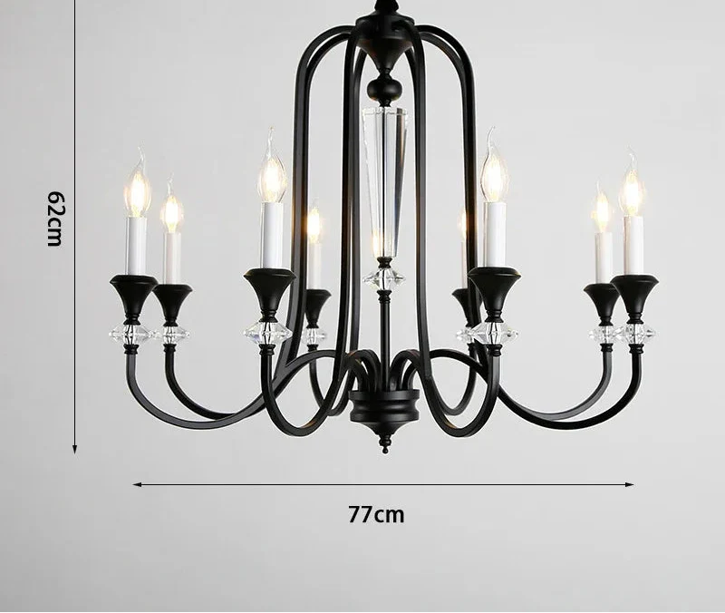 Black eight-arm Maison Ornate Vintage Crystal Chandelier with LED, luxury finish, measuring 62 cm tall by 77 cm wide.