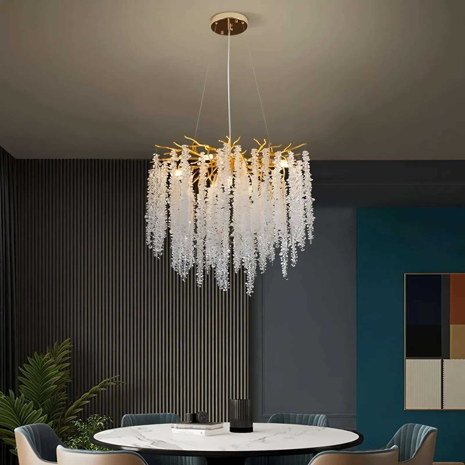 Maison Ornate Elegant Modern LED Crystal Bedroom Chandelier, featuring luxury crystals and sleek modern lines.