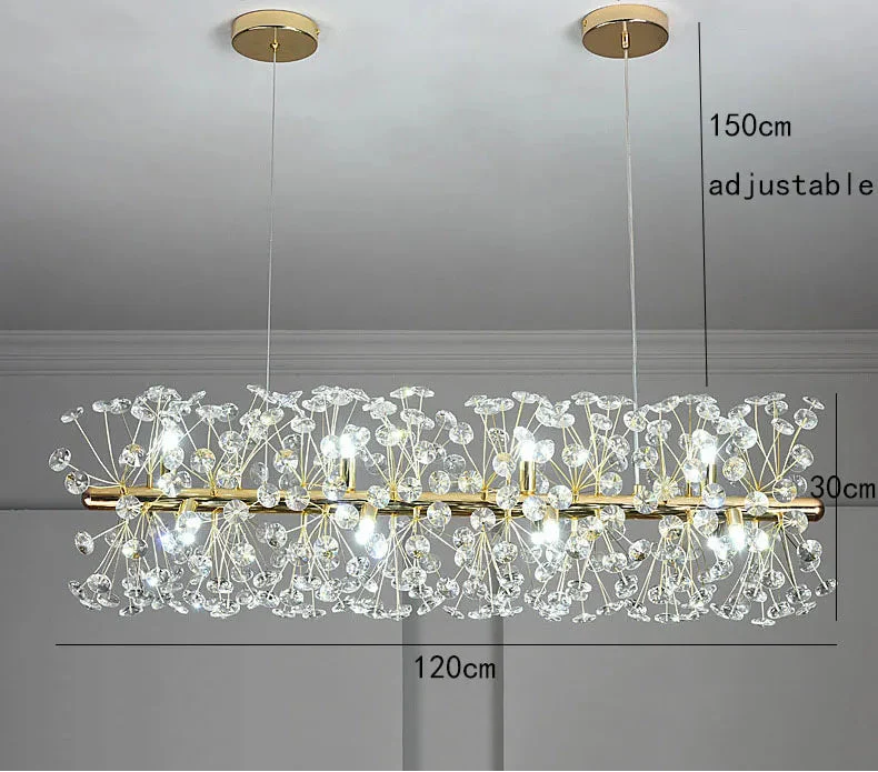Maison Ornate gold and crystal dandelion chandelier with Art Deco style, 120x30cm, adjustable cables.