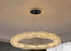 Maison Ornate Dimmable LED crystal chandelier, four-wire suspension, warm light, elegant modern rings design.