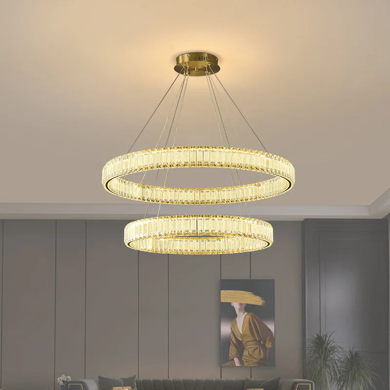 Maison Ornate Modern LED Crystal Hanging Pendant Light, dimmable, stylish contemporary chandelier design.