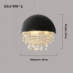 Hemispheric crystal chandelier with black dome top, 40cm, warm light, includes dimensions and product text.
