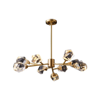 Elegant modern chandelier with six gold arms, faceted crystal bulb covers, and central rod design.
