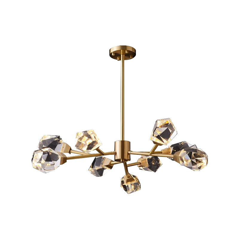 Brass chandelier with six faceted glass LED lights in geometric shapes on a central rod.