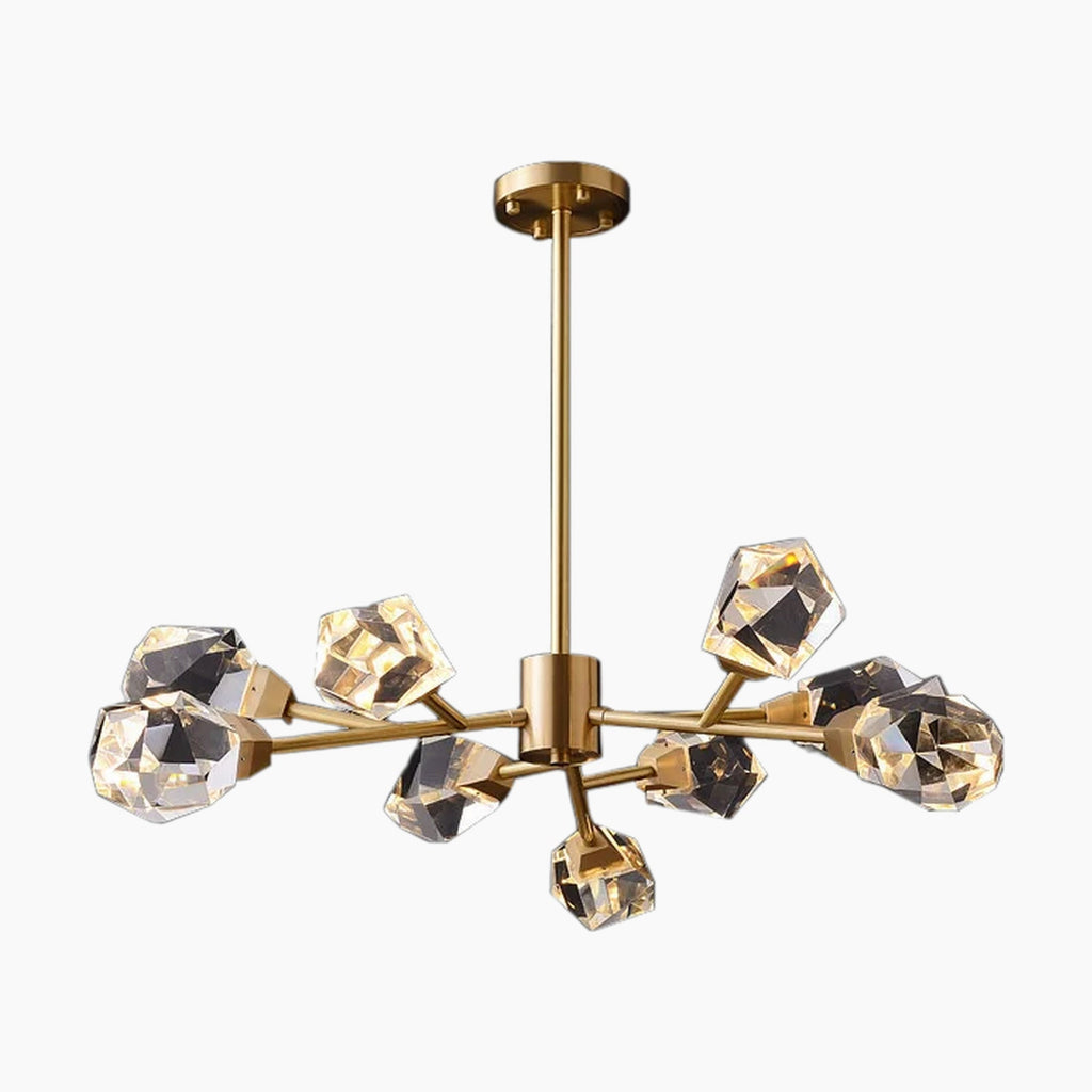 Maison Ornate chandelier with six gold arms, geometric crystal glass lights, elegant modern design.