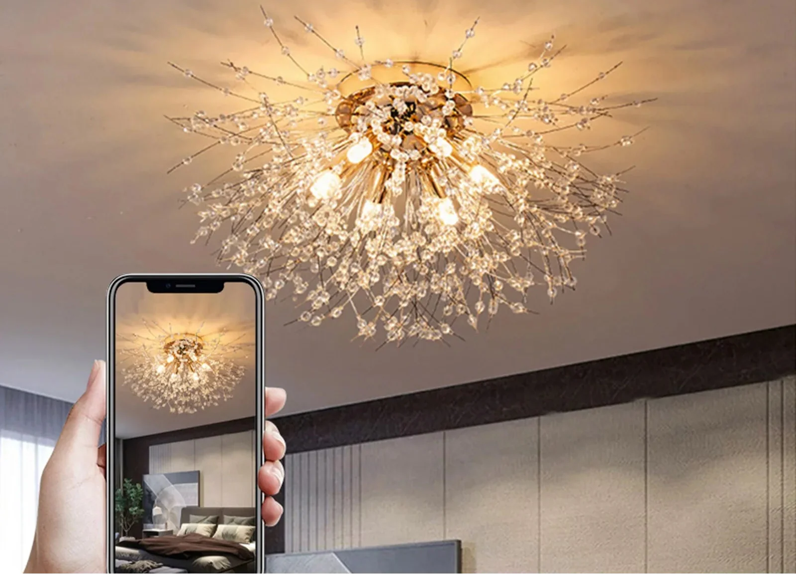 Maison Ornate Modern LED Acrylic White Crystal Pendant Light with warm illumination, elegant design.